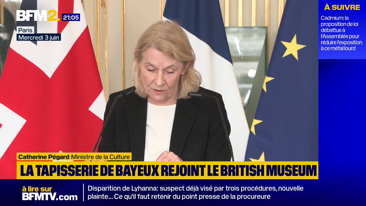 Transport de la tapisserie de Bayeux: "Rien, absolument rien, n'a été laissé au hasard, en particulier en ce qui concerne le déplacement de cette œuvre", déclare la ministre de la Culture Catherine Pégard #BFM2