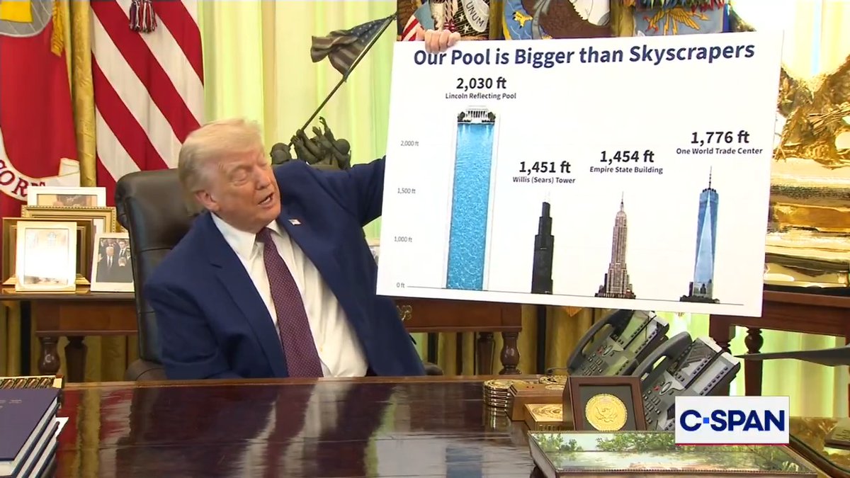 President Trump compares the reflecting pool to skyscraper.