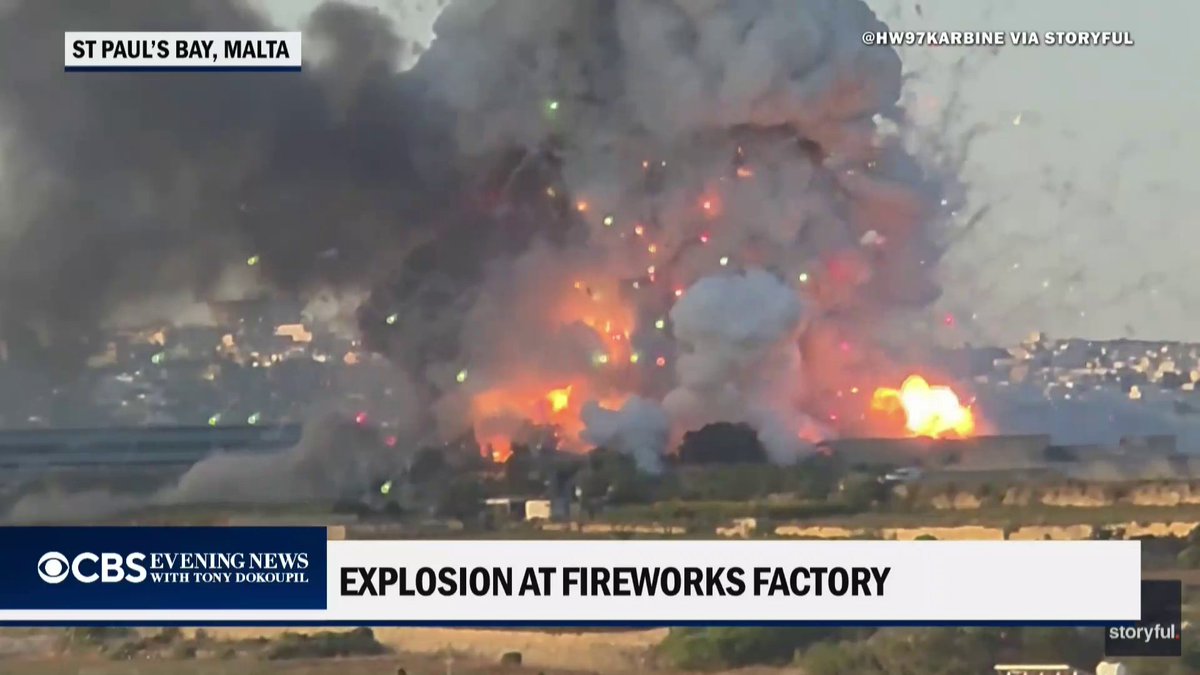 A massive explosion at a fireworks factory in Malta shook the tiny Mediterranean island, damaging buildings and injuring two people. The cause is under investigation.