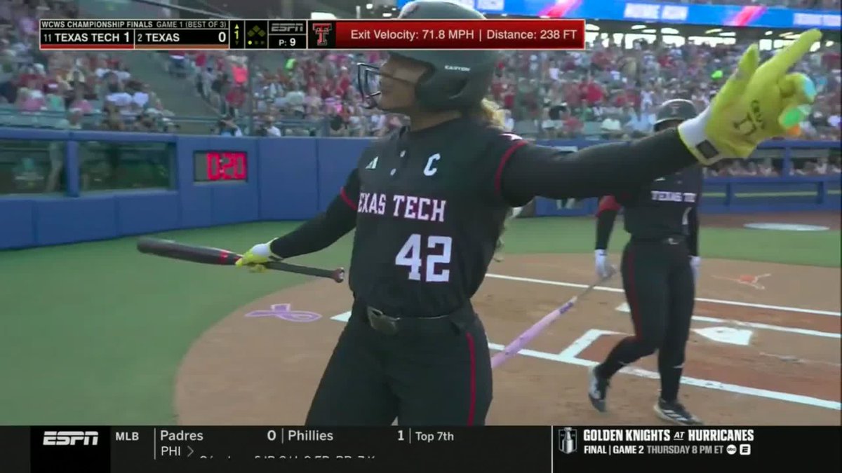 Mihyia Davis' homer starts Texas Tech Softball off STRONG 😤 #WCWS x 🎥 ESPN