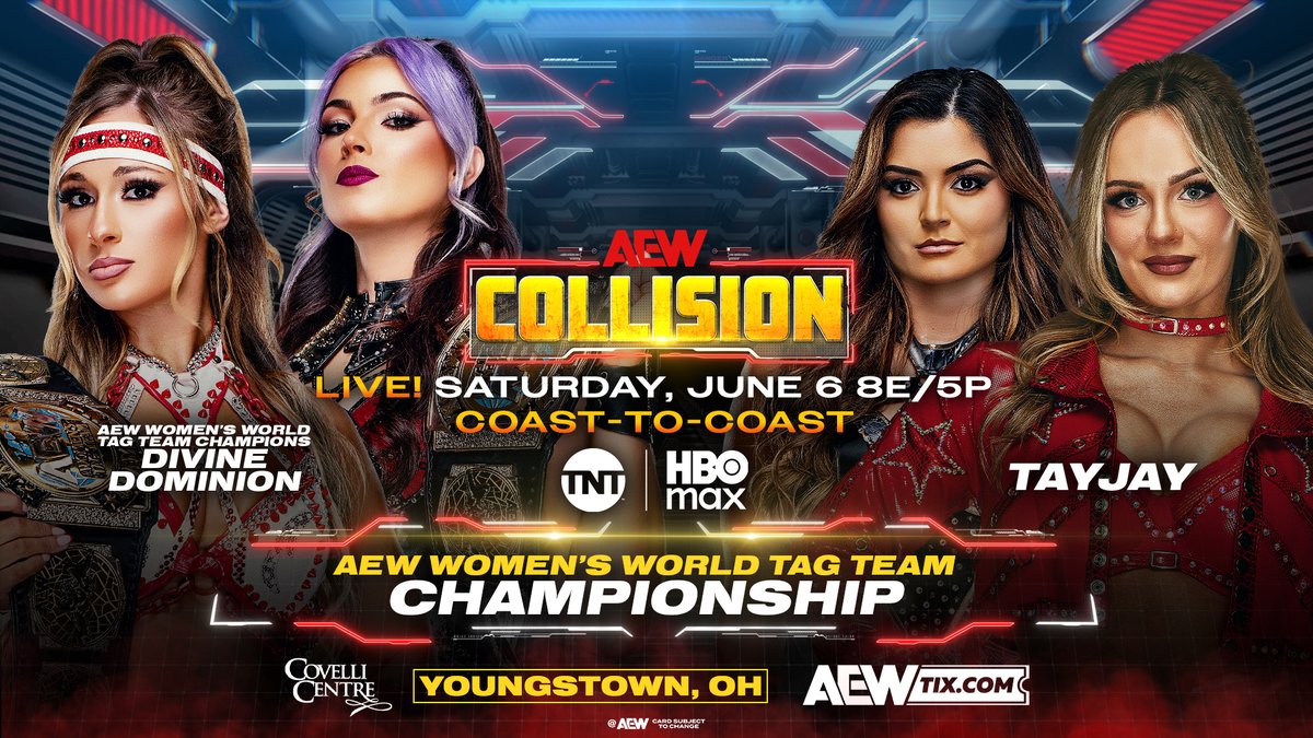 THIS SATURDAY! TayJay (Anna Jay and TAY MELO) get their shot at the #AEW Women’s World Tag Team Titles against the reigning champions Divine Dominion (MEGAN BAYNE ⚡️ メーガン・ベイン and Lena Kross レナ・クロス)! Watch #AEWDynamite LIVE on TBS + HBO Max