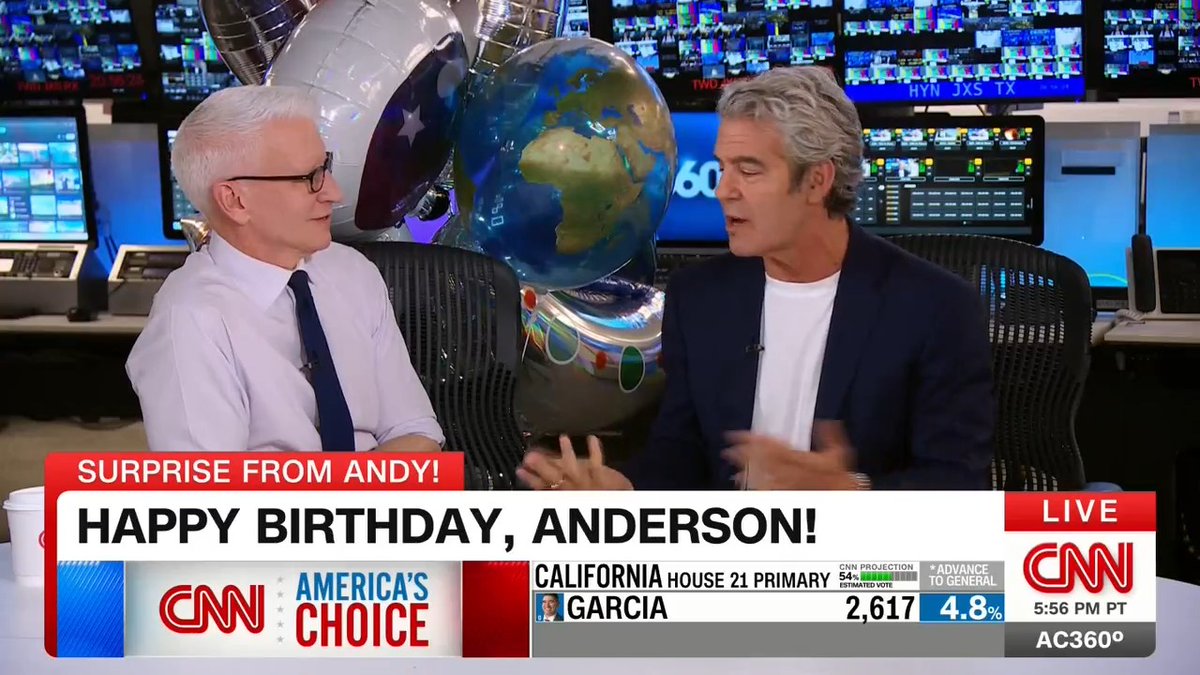 Andy Cohen dropped by to surprise Anderson on his birthday and to talk about their July 3rd special.