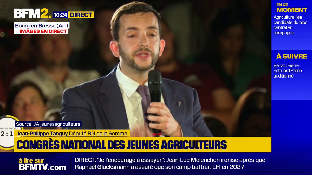 "Intégrer l'Ukraine à l'UE, c'est la fin de l'agriculture française", estime, Jean-Philippe Tanguy, lors de sa prise de parole au congrès national des Jeunes agriculteurs #BFM2
