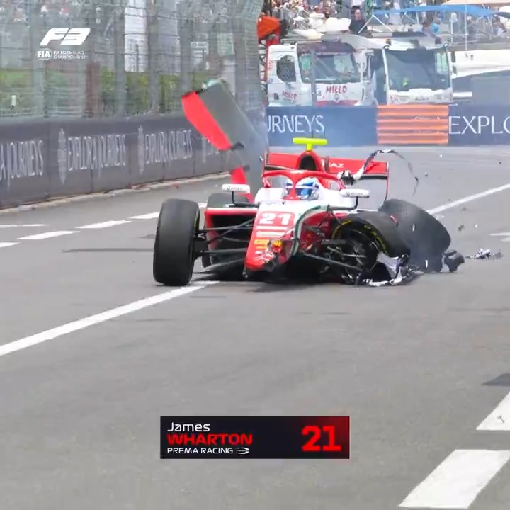 A BIG impact for James Wharton in FP 😫💥 Thankfully, the Australian climbed out of the car as the fantastic Monaco marshals set to work on the barrier repairs 🛠️ #F3 #MonacoGP