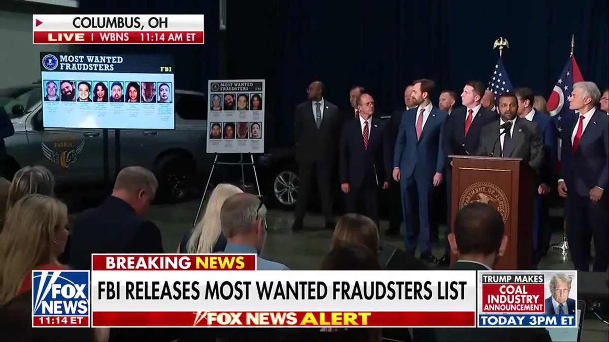 JUST IN: FBI Director Kash Patel unveils the FBI’s new “Top 10 Most Wanted Fraudsters” list. Patel says the initiative was proposed by Vice President JD Vance to crack down on massive financial crimes being carried out across the U.S. by creating a centralized list of the worst of the worst. "I want all Americans to take a look at these most wanted individuals and look at the amounts, the tens of millions and billions of dollars in fraud, that they have decimated our societies from." "We rely on you. Our best form of information is the American public."