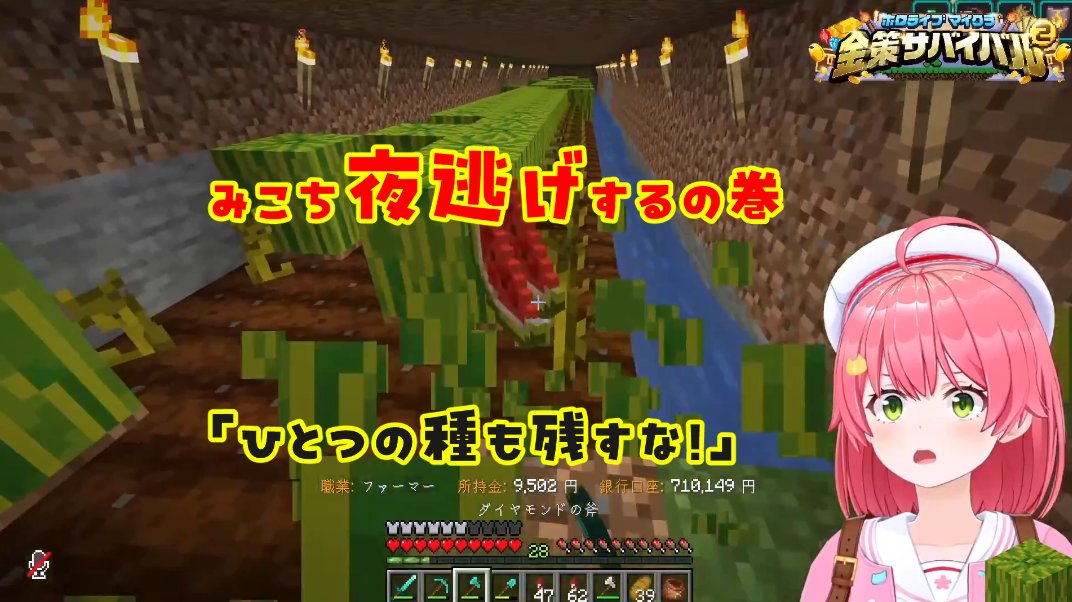 VTuberのニュース みこち夜逃げする スイカの種を片手に 「さようならホロタウン」 「35Pだけは持っていく」 昨日の会議でスイカの種を 盗まれる事が確定してしまったみこち ログイン直後地下農園のスイカをすべて抜き取り 村を逃亡 そのシーンを🔴録画しました
