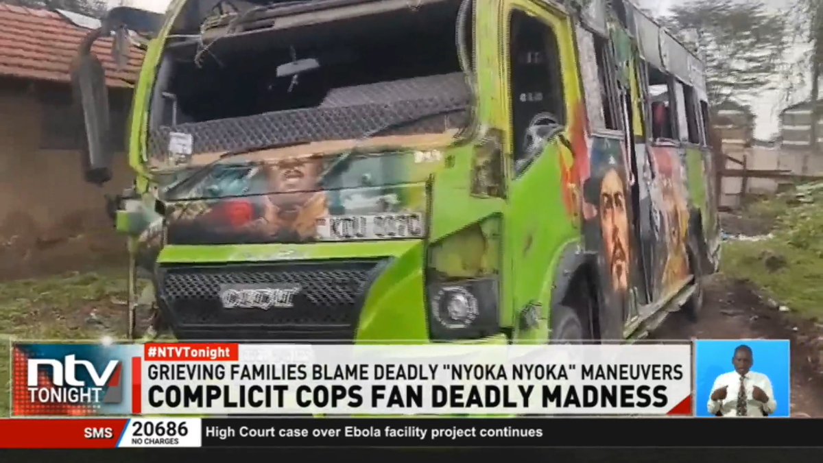 Complicit Cops Fan Deadly Madness: Five people have died and scores are nursing severe injuries after a Nairobi matatu overturned along Enterprise Road in Industrial Area while showcasing 'Manyoka'. #NTVTonight Michelle Ngele-Odhiambo Labaan Shabaan Elimlim Edung