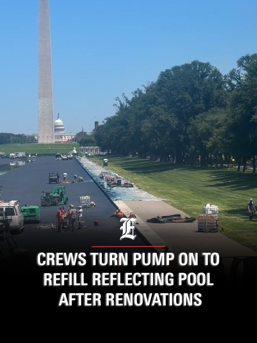 Crews turn pump on to refill Reflecting Pool after renovations.