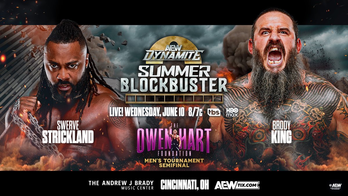 #AEWDynamite Summer Blockbuster 8/7c, TBS & HBO Max Wed 6/10 #OwenCup Semifinal @SwerveConfident vs @BrodyXKing King wants revenge for what Strickland did to Bandido & Swerve is ready to go to war! Winner faces Ospreay in the Finals at #ForbiddenDoor Swerve vs Brody WEDNESDAY!
