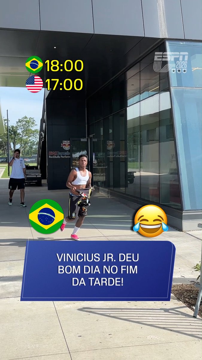 Vinicius Jr. chegou para o treino da seleção, às 17h no horário de Cleveland, nos EUA, e deu bom dia! 😂 #ESPN2026 #FutebolNaESPN