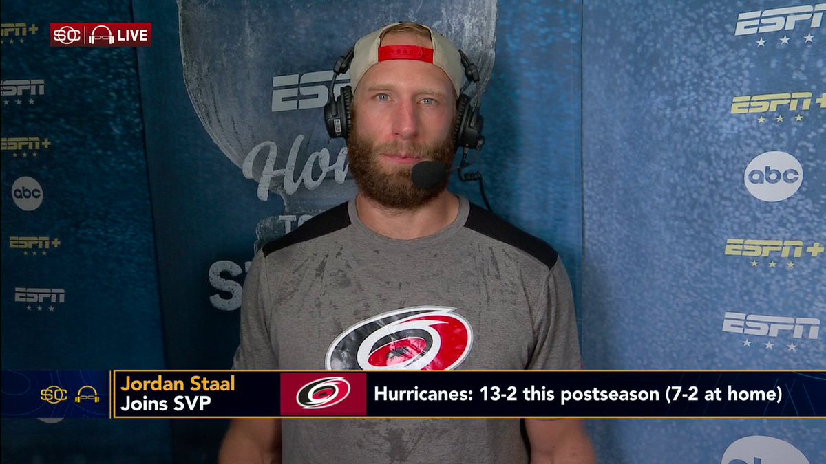 "1-1 sounds a lot better than 0-2. ... I'm just so proud of this group and everything that we've done so far, but man, we got so much work ahead of us." Hurricanes forward Jordan Staal reacts to their Game 2 overtime win vs. the Golden Knights 🏒