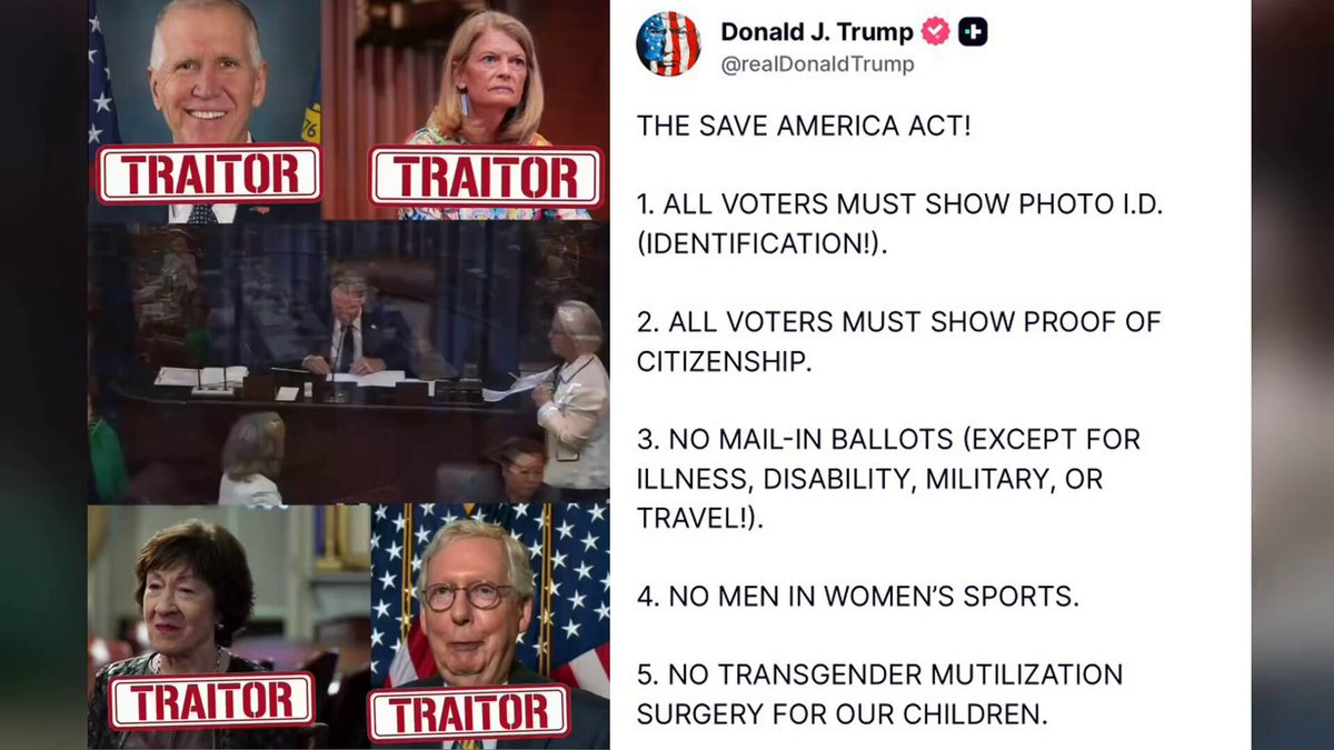 🚨 TRAITORS in the Senate just stabbed Trump’s agenda in the back and sided with the radical left on the SAVE Act: - Thom Tillis (NC) - Lisa Murkowski (AK) - Mitch McConnell (KY) - Susan Collins (ME) These RINOs don’t want secure elections. They want non-citizen voting, open borders, and rigged results to protect their swamp power. Absolute sellouts to the American people and President Trump. MAGA remembers every name. Time to primary these clowns into political oblivion. Their days are OVER. 🇺🇸 Do you support the SAVE Act to require proof of U.S. citizenship and voter ID to stop non-citizen voting? A. YES B. NO