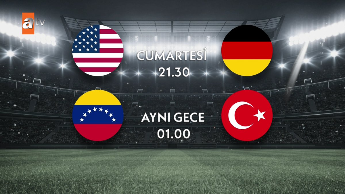 🔥 Dev maçlar, büyük heyecan! ⚽ Dünya Kupası heyecanı atv'de yaşanacak! 🇺🇸 #ABD - 🇩🇪 #Almanya 🕐 Cumartesi 21.30 📍 Soldier Field Stadyumu 📺 atv 🇻🇪 #Venezuela - 🇹🇷 #Türkiye 🕐 Pazar 01.00 📍 ABD - Fort Lauderdale 📺 atv