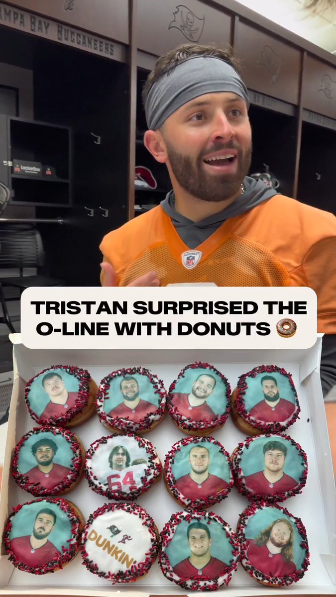 Since it's National Donut Day, throwback to Tristan Wirfs surprising the O-Line with custom donuts 🍩😂