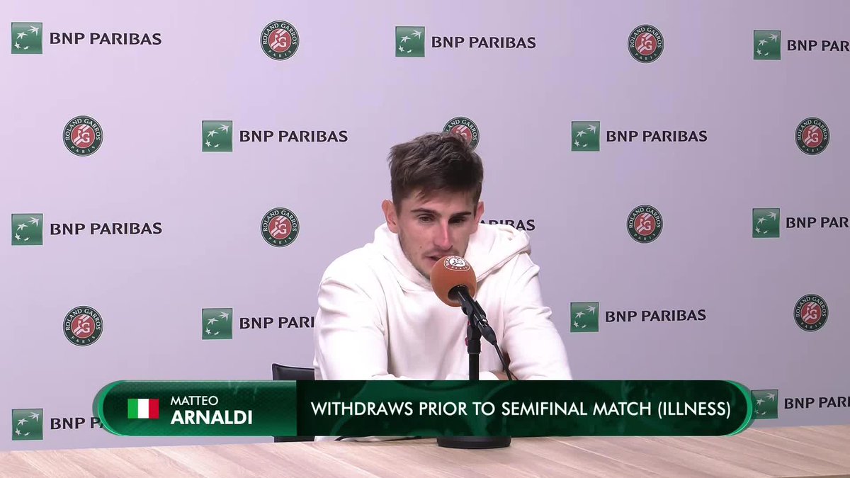 "It's difficult to be here... it's not what I wanted to do." Matteo Arnaldi addressed the media after withdrawing from the Roland-Garros Semifinal due to a viral illness.