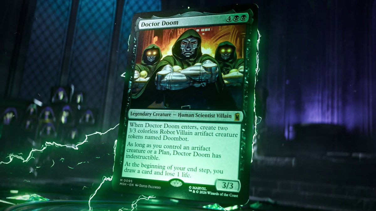 Doctor Doom is indestructible when you control an artifact creature? Time to load up on Darksteel Myr to make both halves of the equation nigh-untouchable. #MTGxMarvel VO: Marie Westrook and Jack Dennis