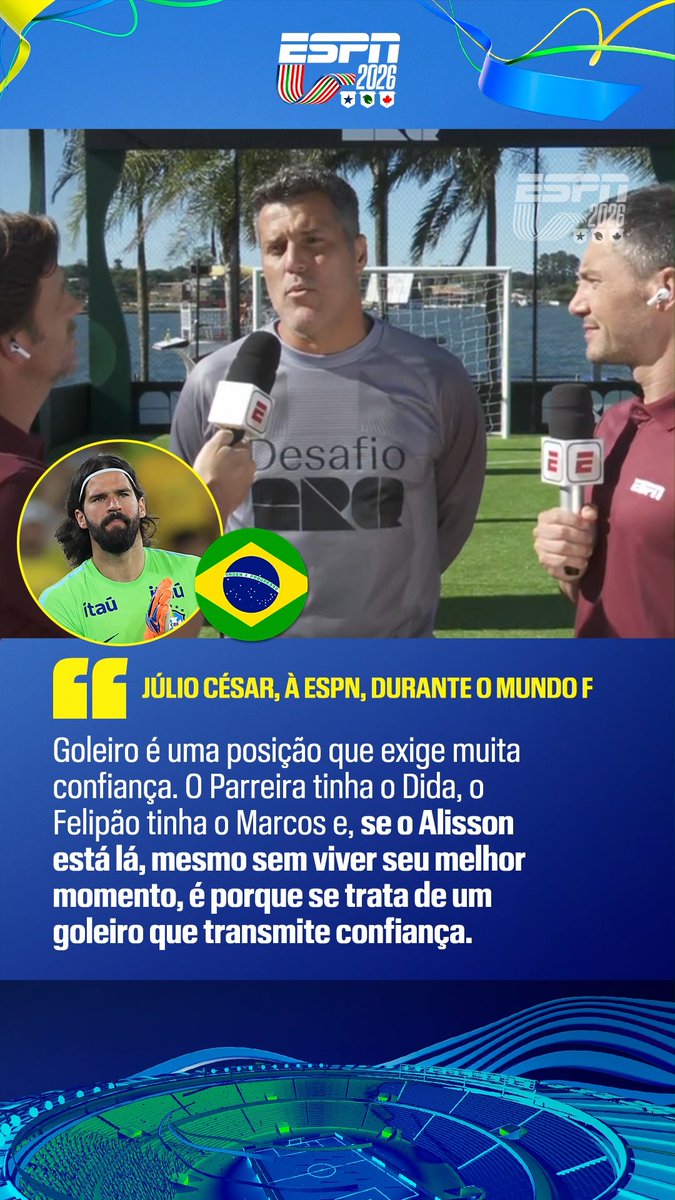 “Goleiro é uma posição que exige muita confiança. Se o Alisson está lá (na Seleção Brasileira), mesmo sem viver o seu melhor momento, é porque se trata de um goleiro que transmite confiança.” 🎙️ Júlio César. 🎥 ESPN Brasil | SportsCenter Brasil