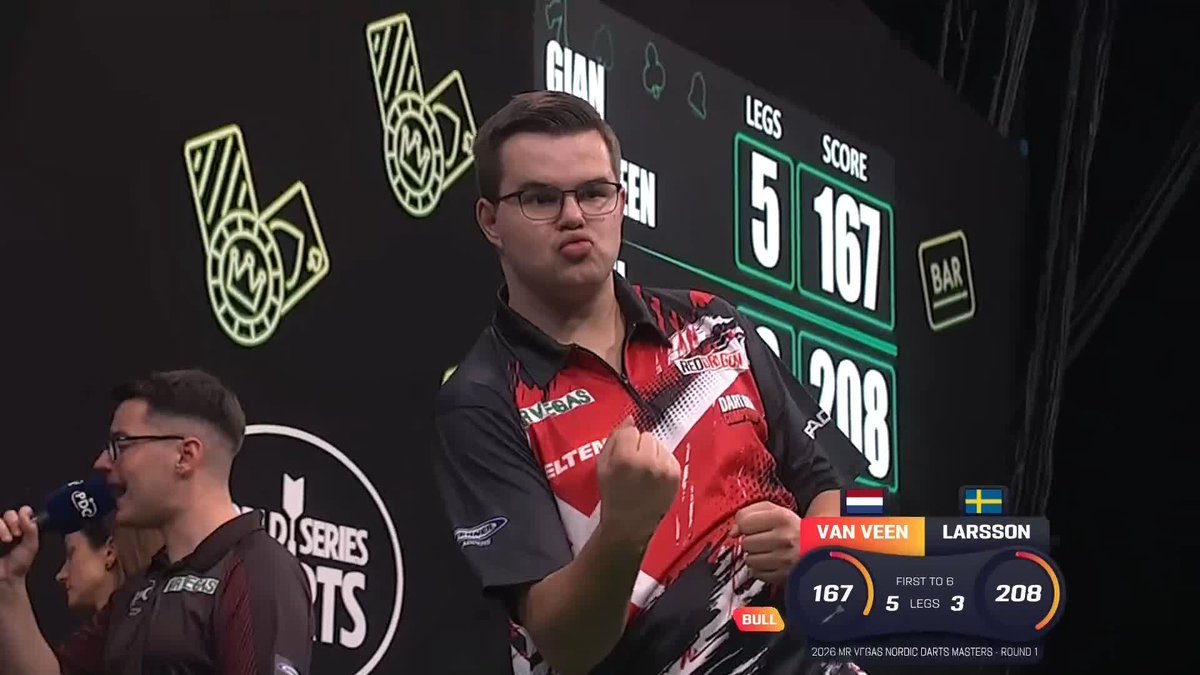 WHAT A WAY TO WIN IT! 👏 Gian van Veen produces a spectacular 167 checkout to wrap up a 6-3 victory against Daniel Larsson in the evening's finale! 📺 #NordicDarts26