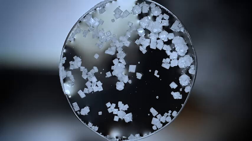 In microgravity, crystals experience "hopper growth," where the outer edges and corners grow at faster rates than the flat faces, creating a step-like appearance. This timelapse records their growth inside a thin water film. Look closely, and you will see the patterns emerge!