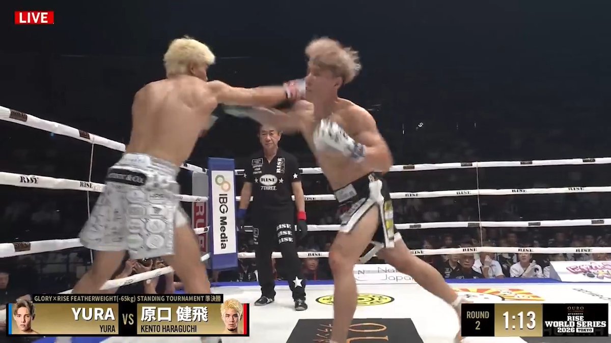 【ヒリつく展開...!!】 2R、徐々に2人の打撃が交錯し始める 勝つのはRISEのエースか、新星の怪物か。 決勝に進むのは... ▼第6試合 GLORY×RISE LAST FEATHERWEIGHT（-65kg） STANDING TOURNAMENT準決勝 原口健飛 vs YURA #RISE_WS2026 TOKYO ABEMAで全試合無料生中継📡 RISE OFFICIAL