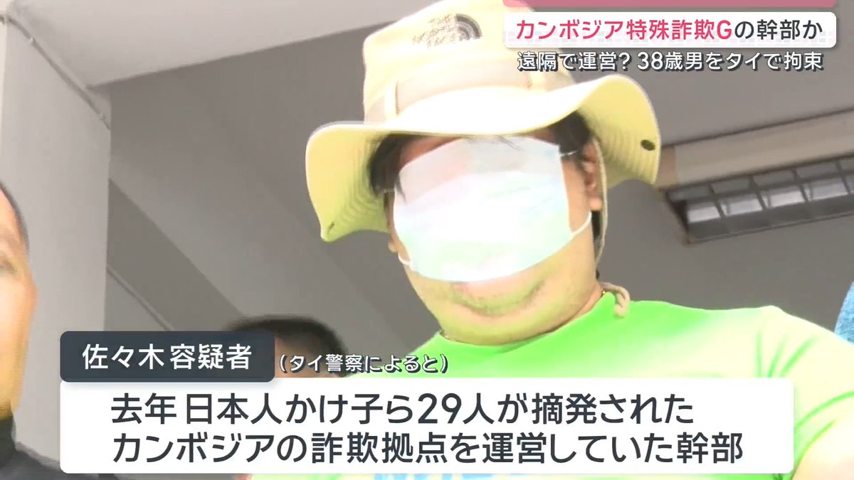 【カンボジア特殊詐欺Gの幹部か】38歳男をタイで拘束 ｜ タイ警察は、カンボジアの特殊詐欺拠点を運営していたとされる38歳の男をバンコクで発見し、入管法違反の疑いで拘束したと発表 ▼バンコクの高級住宅地で張り込んでいた捜査員が男の身柄を確保 タイ警察によると、男は2025年、日本人のかけ子ら29人が摘発されたカンボジアの詐欺拠点を、中国人グループと協力して運営していた幹部 →タイを拠点に生活しながら遠隔で日本人を勧誘し、カンボジアでかけ子をさせる”リクルート役”だったか タイ警察は6月中にも容疑者を日本に移送する方針 サタデーステーション