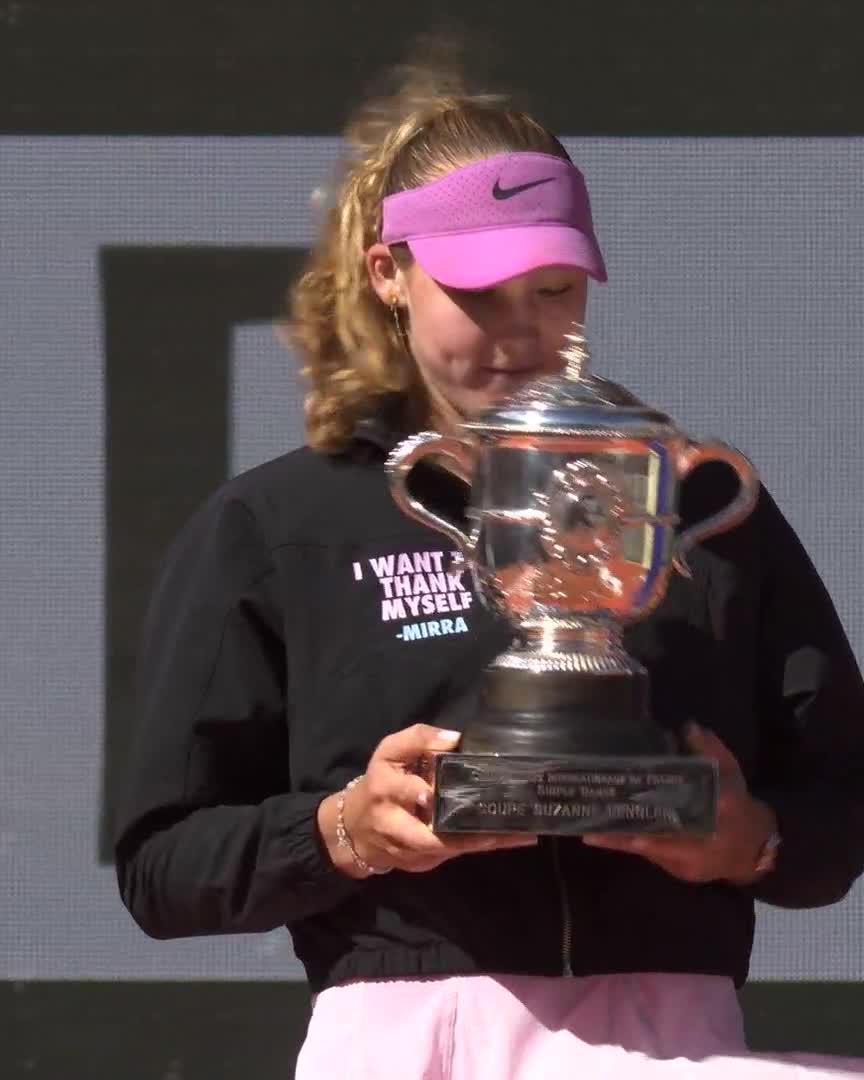 Mirra Andreeva lifts the Suzanne-Lenglen trophy (twice 😅) #RolandGarros