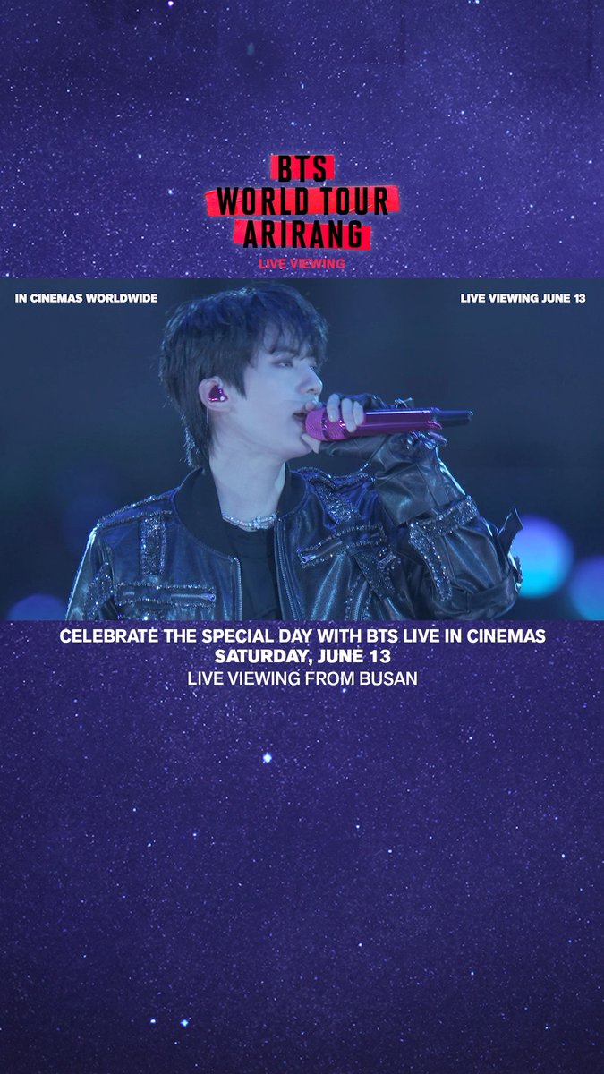 Share the electrifying energy of BTS's stage on the big screen worldwide. Celebrate the special day, 6/13, live in cinemas from Busan. Get tickets at