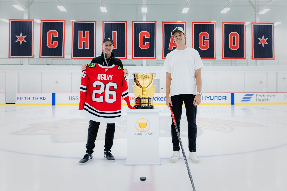 Great day on the ice with Presidents Cup International Team Captain Geoff Ogilvy and Alex Vlasic from the Chicago Blackhawks!