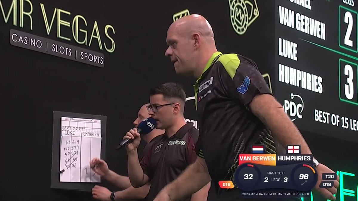 VAN GERWEN BACK LEVEL! Nothing to separate the pair at the interval, as Michael van Gerwen finds a timely break to level at three apiece against Luke Humphries! 📺 #NordicDarts26