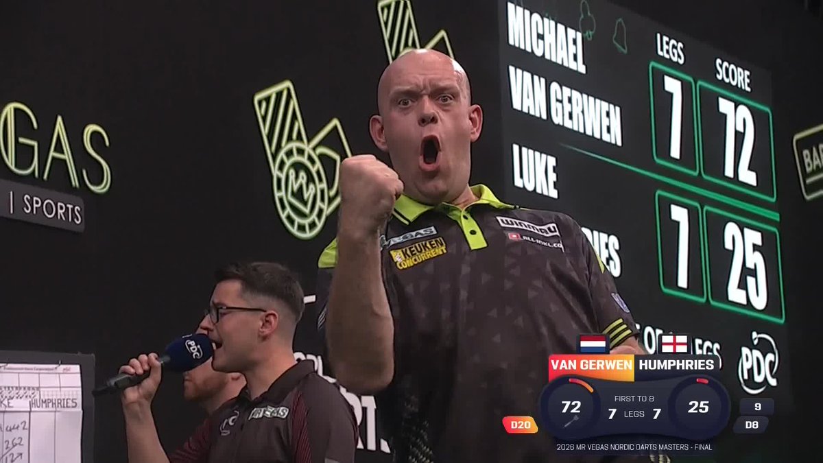 VAN GERWEN DELIVERS IN DENMARK! 🏆🇩🇰 Michael van Gerwen wins the Mr Vegas Nordic Darts Masters for a second time! The Dutchman wins a last-leg thriller against Luke Humphries, who missed a match dart at bull in the decider! 📺 #NordicDarts26