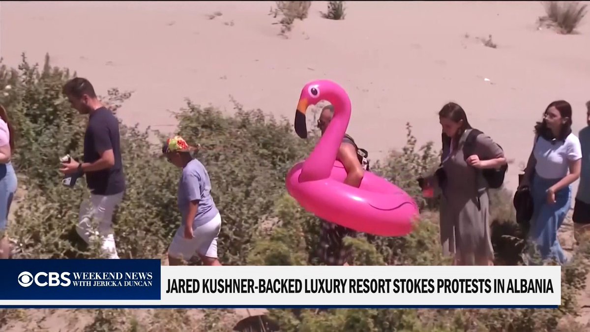 Saturday marked the seventh day of protests over a planned luxury resort in Albania linked to Jared Kushner and Ivanka Trump. Activists call it the "Flamingo Revolution." They've adopted the pink bird as a symbol of the wildlife they say will be destroyed if the billion-dollar project goes ahead.