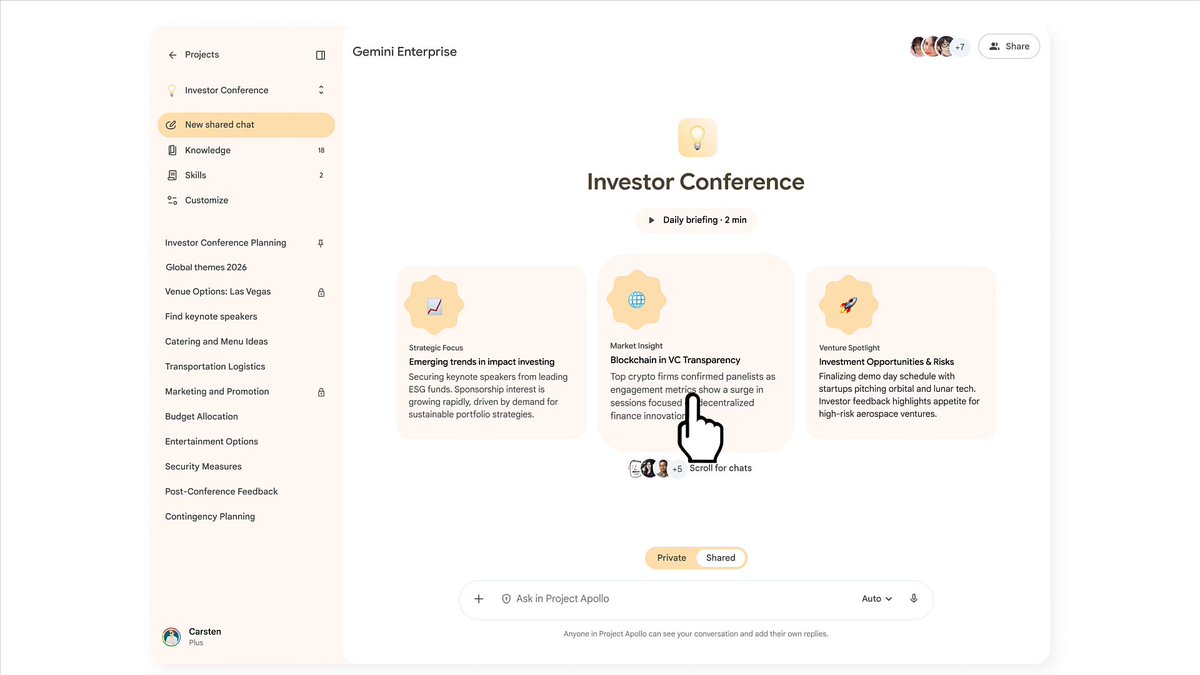 We're moving AI from a solo conversation to a persistent, shared team asset with projects in Gemini Enterprise. Projects is a dynamic, highly collaborative workspace where human experts and agents actively co-create side-by-side →