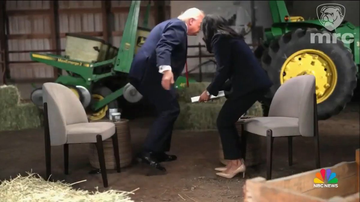 How President Trump abruptly ended his Meet the Press interview with Kristen Welker from Friday inside a barn in Wisconsin often hampered by loud noise of rain. Trump: “You’re one-sided crooked networks. Let’s call it quits because I’ve had enough. Thank you, darling. Have a good time.” Welker: “Mr. President, please, I traveled all the way to Wisconsin.” Trump: “I sat in the rain with you for an hour, on and off in the rain, and I’ve given you enough time. You ought to straighten out your press because you know what? Our country can never be great with a dishonest press.”
