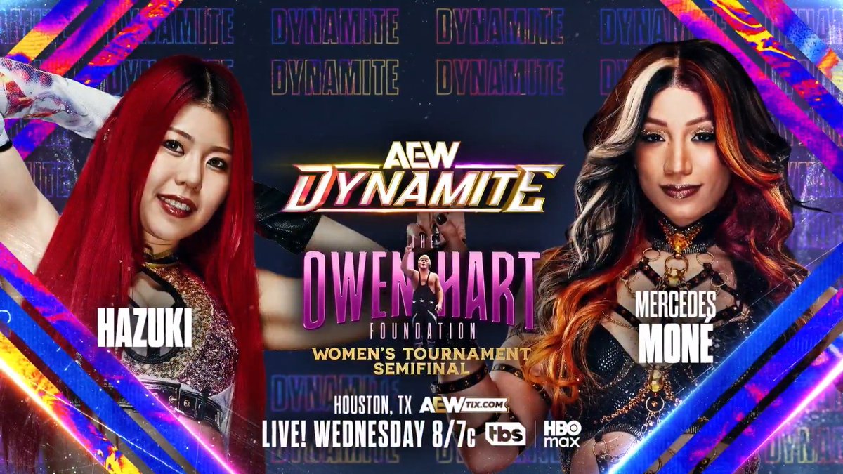 #AEWDynamite 8/7c TBS & HBO Max Sugarland, TX Wed 6/17 #OwenCup Women's Semifinal 葉月/HAZUKI vs Último Moné After HAZUKI's win, Mercedes attacked her & Persephone, but HAZUKI took Moné down with a huge dive! They fight for a spot in the finals, Wednesday, 6/17!