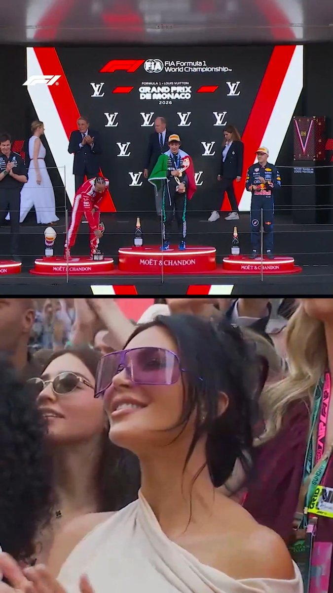 Kim Kardashian watches on as Lewis Hamilton lifts the P2 trophy on the podium! 🏆✨ #F1 #MonacoGP