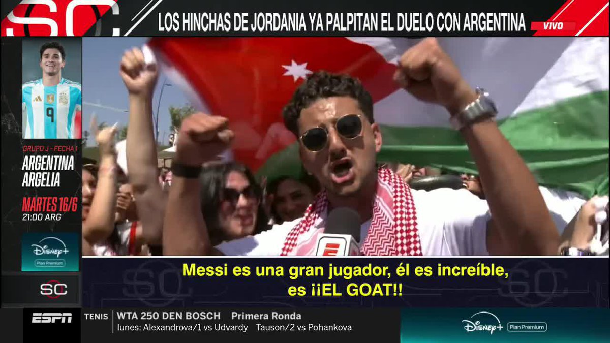 En la previa del amistoso ante Colombia, algunos hinchas de Jordania (rival de Argentina en la Copa del Mundo) hablaron con #SportsCenter y no dudaron al opinar sobre Messi... ¡¡EL GOAT!! 🏆 #ESPNMundial 📺 #DisneyPlus Plan Premium