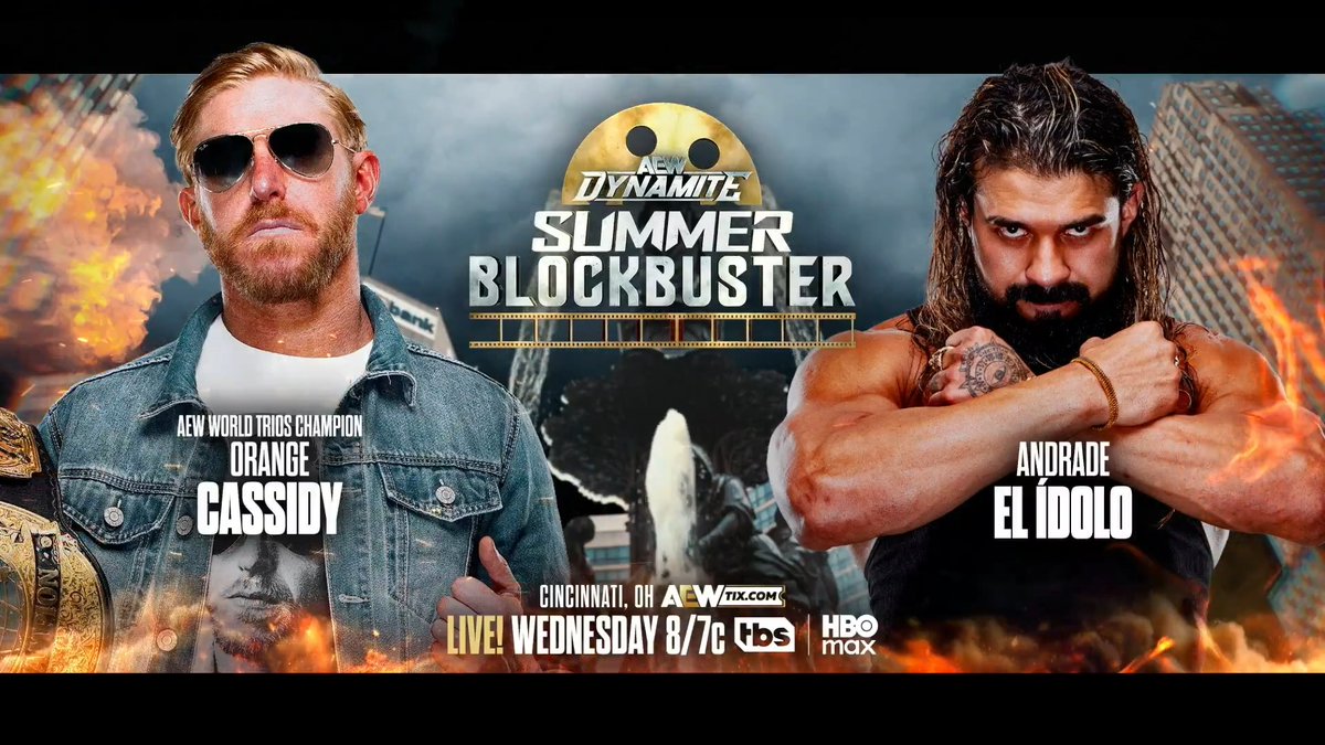 #AEWDynamite Summer Blockbuster 8/7c TBS & HBO Max Wed, 6/10 @OrangeCassidy vs Andrade “El Idolo” The Real Latino Man! After Conglomeration retained vs The Invisible Hand Family last weekend, the DCF is not done with them & laid out a challenge for OC to face Andrade for the first time ever, WEDNESDAY!