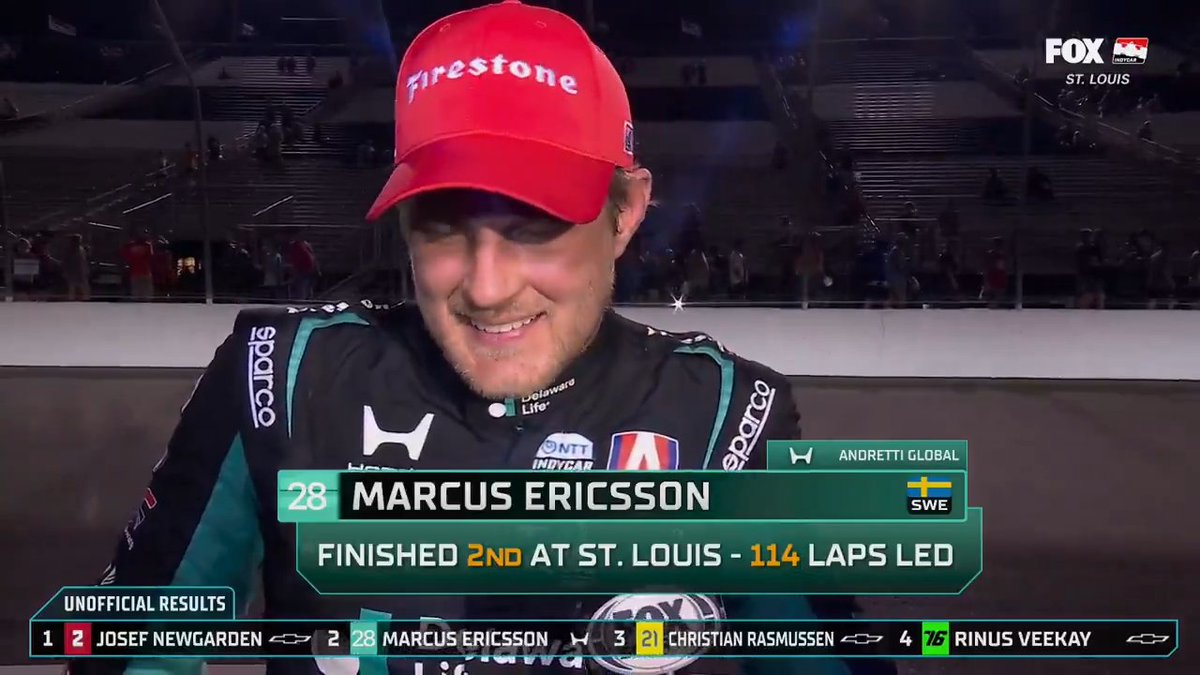 He led 114 laps and finished P2. Marcus Ericsson is with Georgia Henneberry.