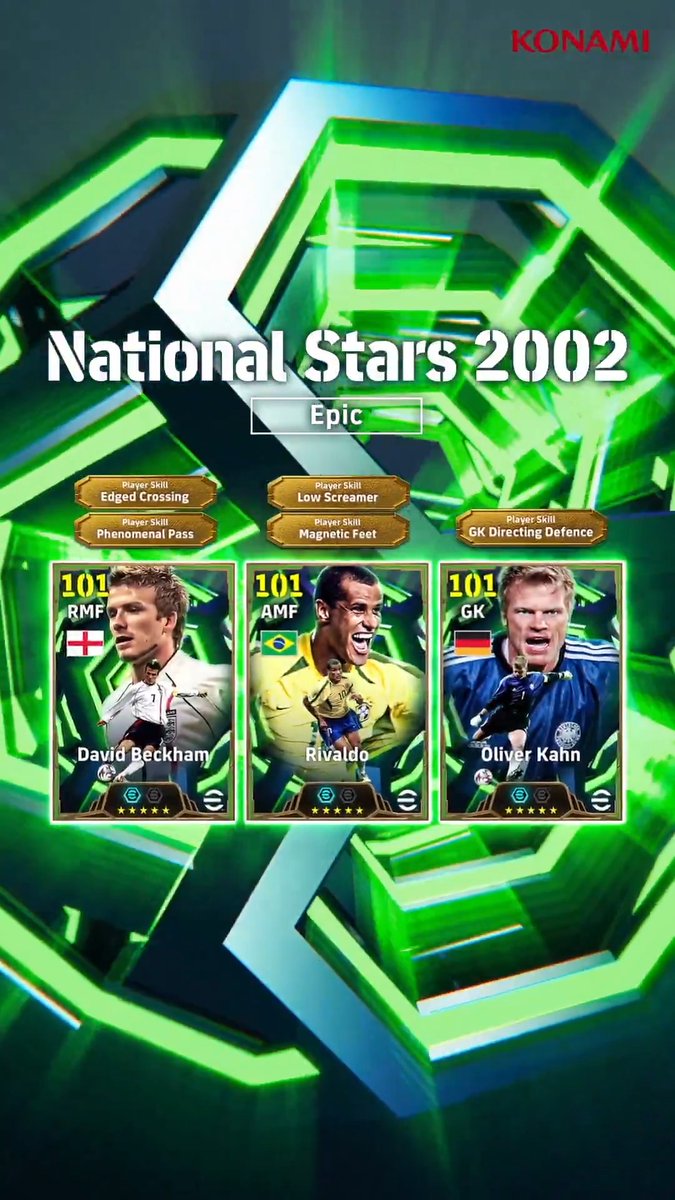 【Epic: National Stars 2002】 2002年を彩った名選手たちが、Epicとして登場! オリヴァー カーン(ゴールキーピング +3 ) デイヴィッド ベッカム(アキュラシー +3) リヴァウド(ボールプロテクション +3) 世界を沸かせたレジェンドたちを獲得し、スカッドを強化しよう! #イーフト #eFootball