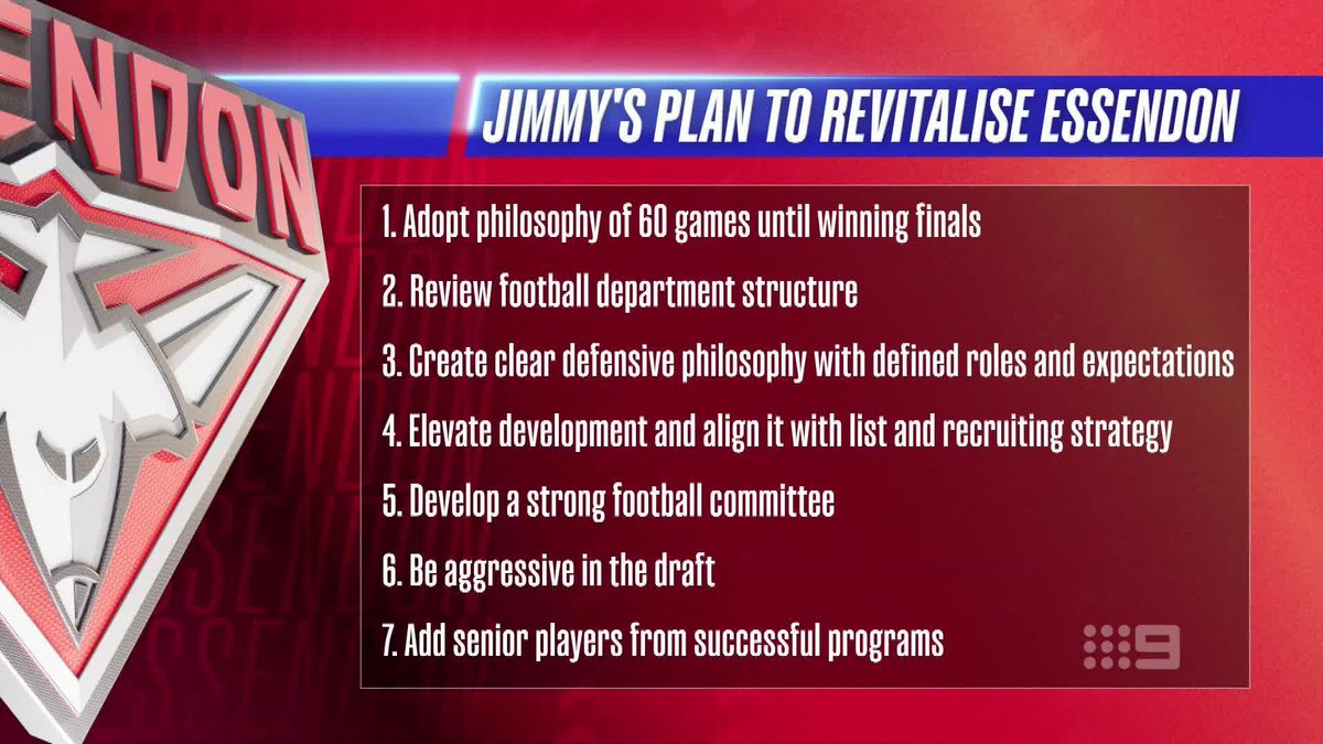 Jimmy Bartel's seven-point plan for how to turn the Bombers around 👇 ...And he addresses the speculation he could end up at the club next year 👀 #9FootyClassified | Watch on 9 & 9Now 🖥️