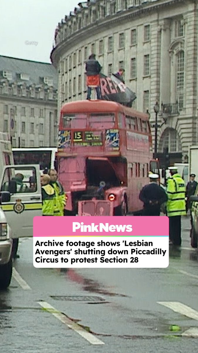 In this clip from 2000, The London Lesbian Avengers stopped the number 15 bus in London's Piccadilly Circus and painted it pink. They were demanding the repeal of Section 28, and were protesting the involvement of Brian Souter, the owner of Stagecoach buses, who donated towards Section 28. Seven women were arrested and 5 were sentenced to community service and 2000 pounds of criminal damage.