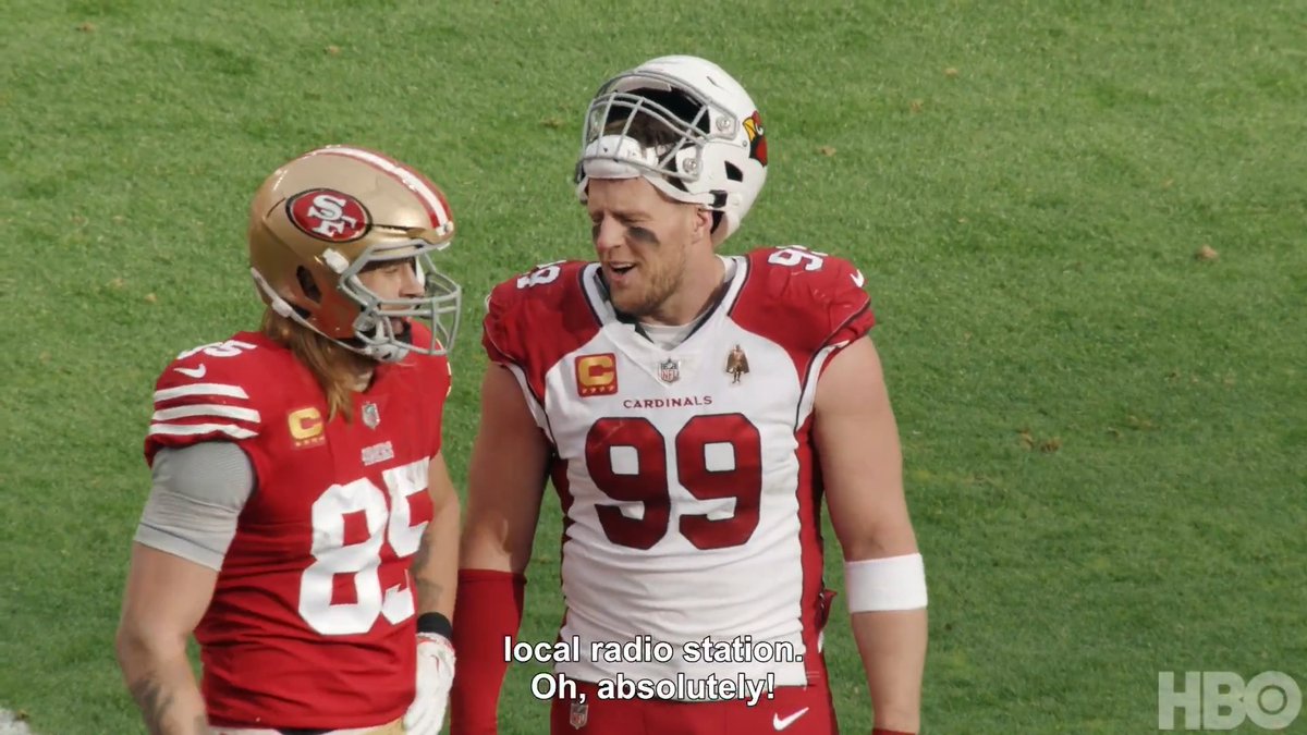 "It's your grandma's 100th birthday?!" George Kittle and JJ Watt chopping it up during JJ's final game 🤝