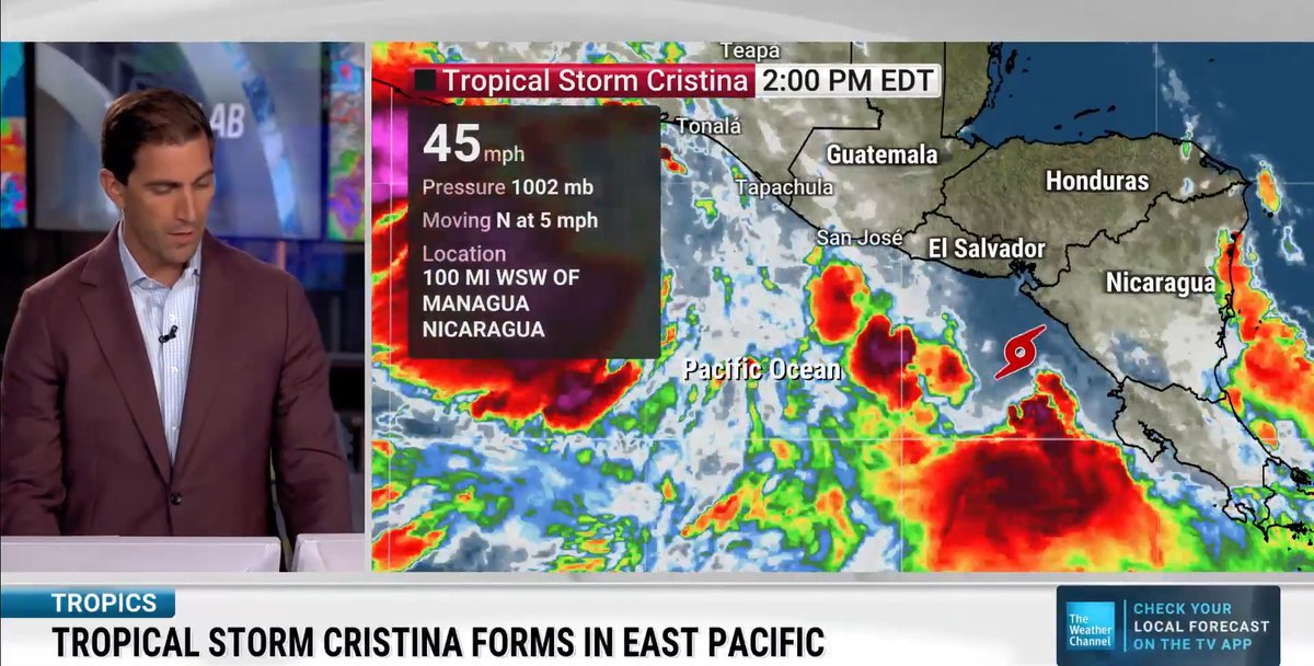 BREAKING: Tropical Storm Cristina has formed in the Eastern Pacific and will impact parts of Central America with heavy rainfall that could lead to flash flooding and mudslides over the next few days. Here's the latest: