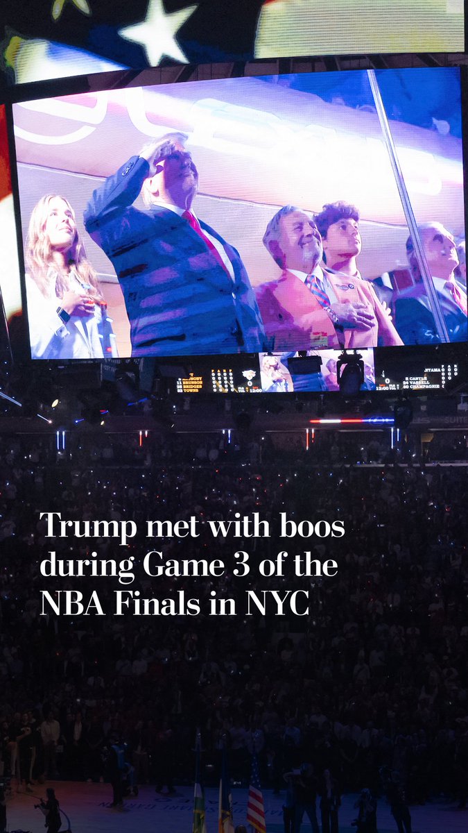 President Trump, a native New Yorker, was greeted by thunderous boos as he appeared in a suite at Madison Square Garden for Game 3 of the NBA Finals.