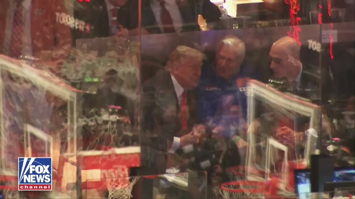 President Trump chats with NBA Commissioner Adam Silver during Game 3 of the NBA Finals at Madison Square Garden. Also in attendance was Nassau County Executive Bruce Blakeman, who is currently running for governor of New York as a Republican challenger to Gov. Kathy Hochul.