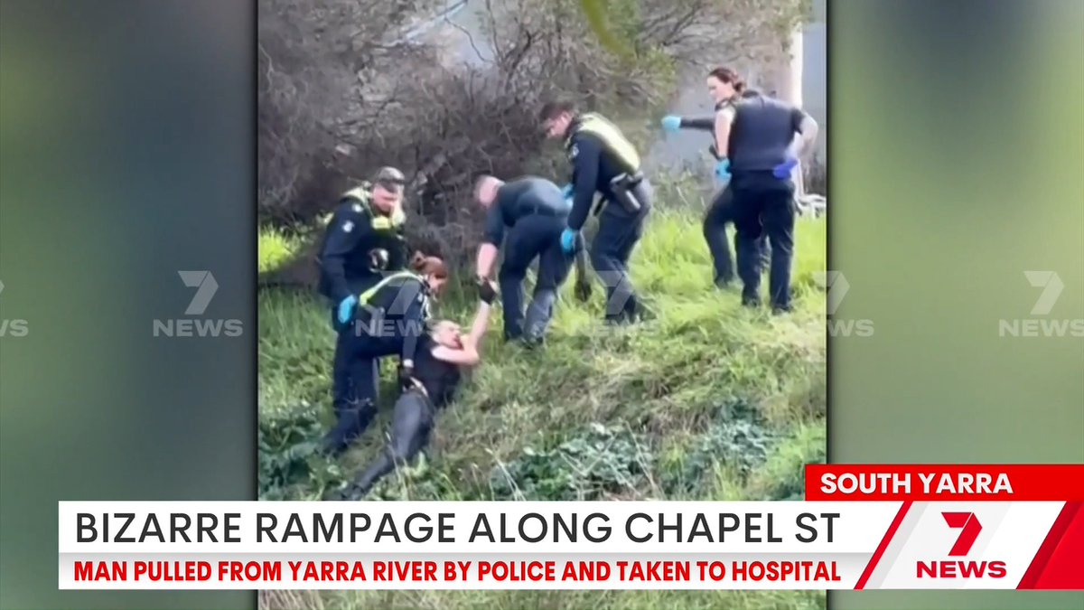 DEVELOPING: A man has been dragged from the Yarra River following a bizarre rampage along Chapel Street. It started in a childcare centre before he jumped from the roof and tried to steal a number of cars. Georgia Bennett-Murphy has the latest from South Yarra.