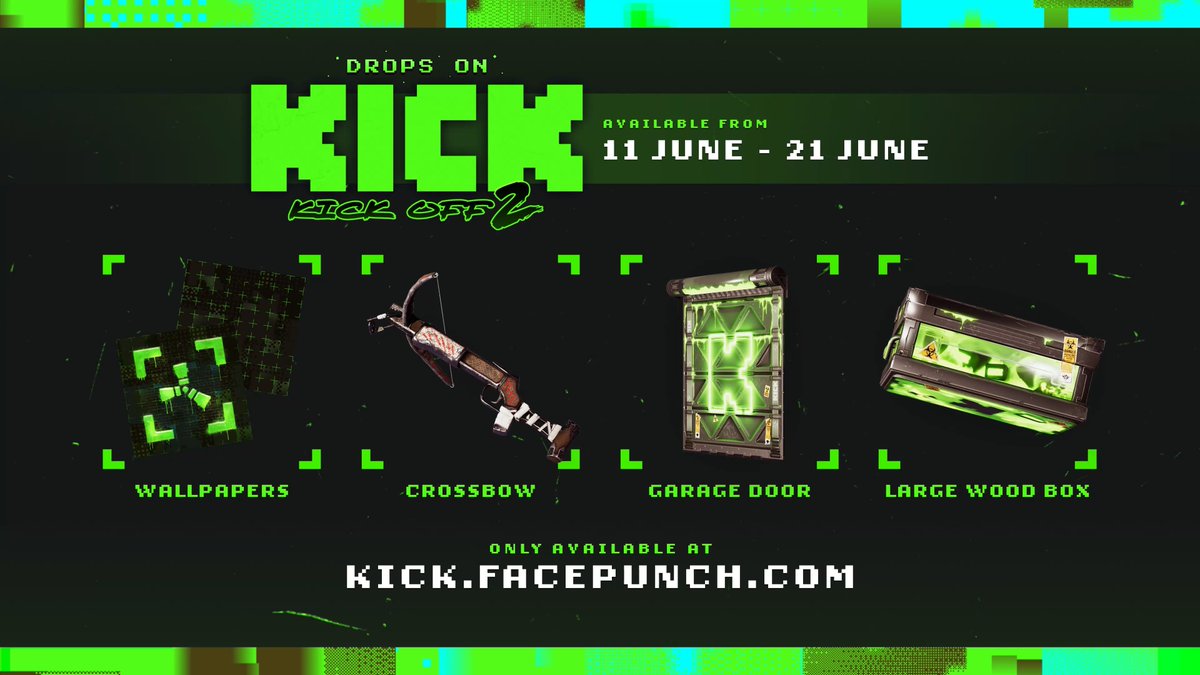 Drops on Kick are back! 🟢☢️💧 This month sees Kick bring their unique green back to Rust, as they play host to Kick Off 2. From June 11th - June 21st, players can earn up to 10 captain/co-captiain exclusives, a Garage Door, and a Locker skin, as well as a unique Kick Wallpaper, just by watching the action-packed PvP event! Check out the teams and drops here: