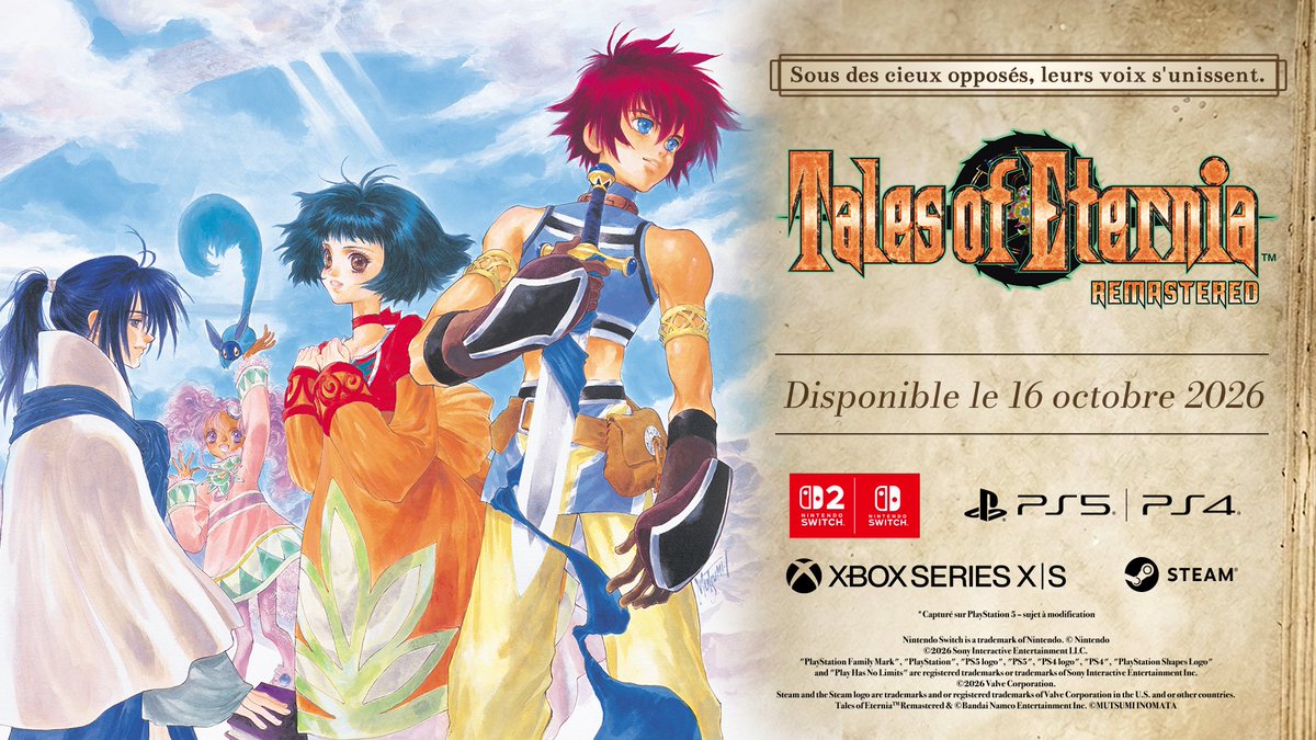 Un conte d'éternité et d'amitié. Tales of Eternia Remastered sortira le 16 octobre sur PS5, PS4, Xbox Series X|S, Nintendo Switch 2, Nintendo Switch et Steam. #TOER