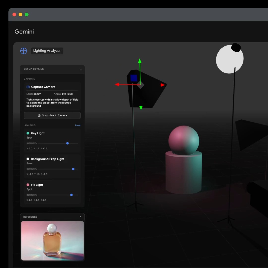 Gemini 3.5 Flash can process complex visual data and translate it into functional, interactive code. Watch Gemini analyze lighting from a reference image, and build an interactive 3D visualizer to preview the setup.