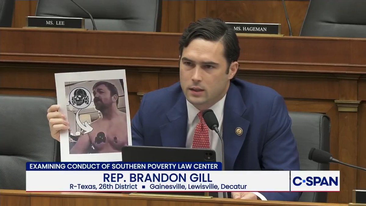 "Do people who aren't Nazis normally get Nazi tattoos on their chest?" .Congressman Brandon Gill (R-TX) asks Southern Poverty Law Center Interim CEO and President Bryan Fair about Secretary Hegseth's & Graham Platner's tattoos.